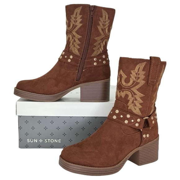 Sun + Stone Shoes - Sun + Stone Norahh Brown Microsuede Embroidered Womens Ankle Boots Size 8M